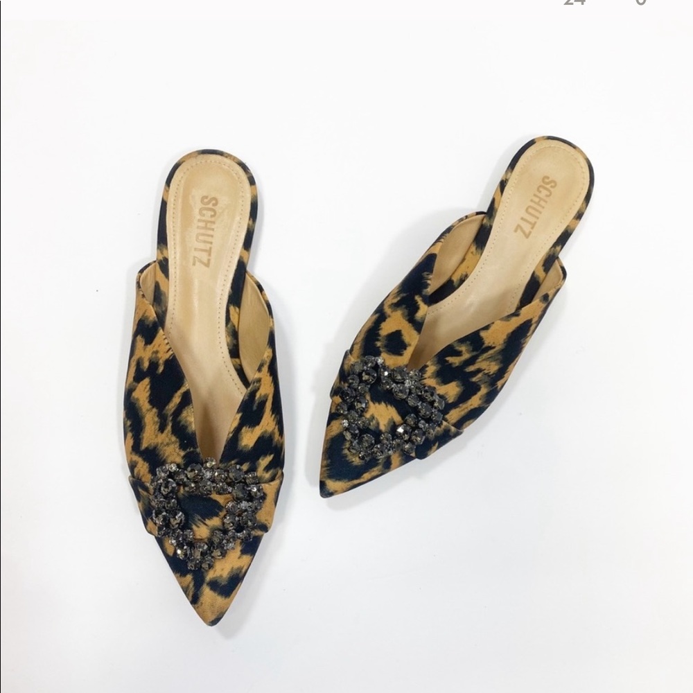 Schutz Animal print diamond buckle leather mules